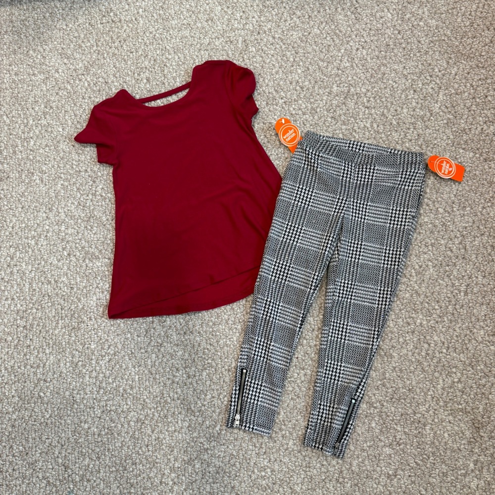 Wonder Nation Girls Set Burgundy Cutout Top & Plaid Zipper Leggings Size 4/5